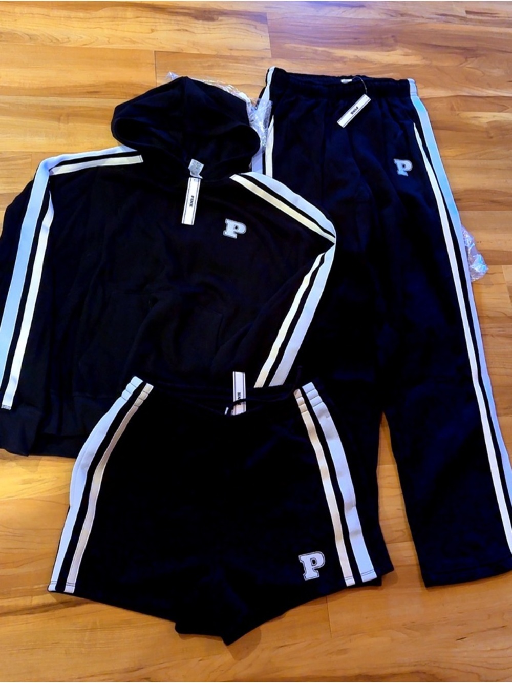 NWT VS PINK 3 Piece Black Campus Set Medium Hoodie, Pants, Shorts